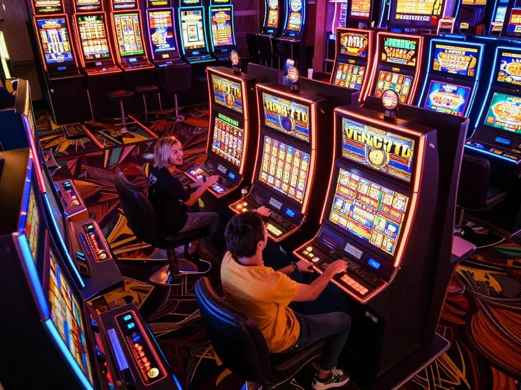 Players enjoying slot machines at vin777, vibrant colors and excitement filling the casino atmosphere.