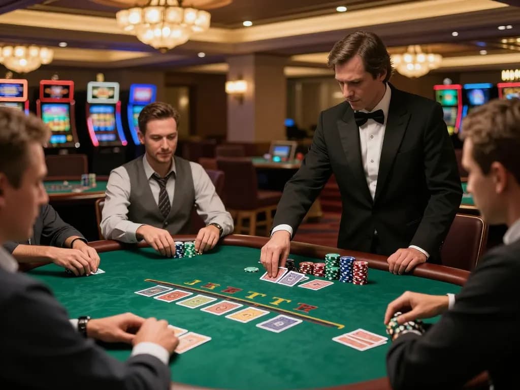 Alo8 players strategizing at a blackjack table in a luxurious casino, highlighting the excitement of high-stakes gambling.