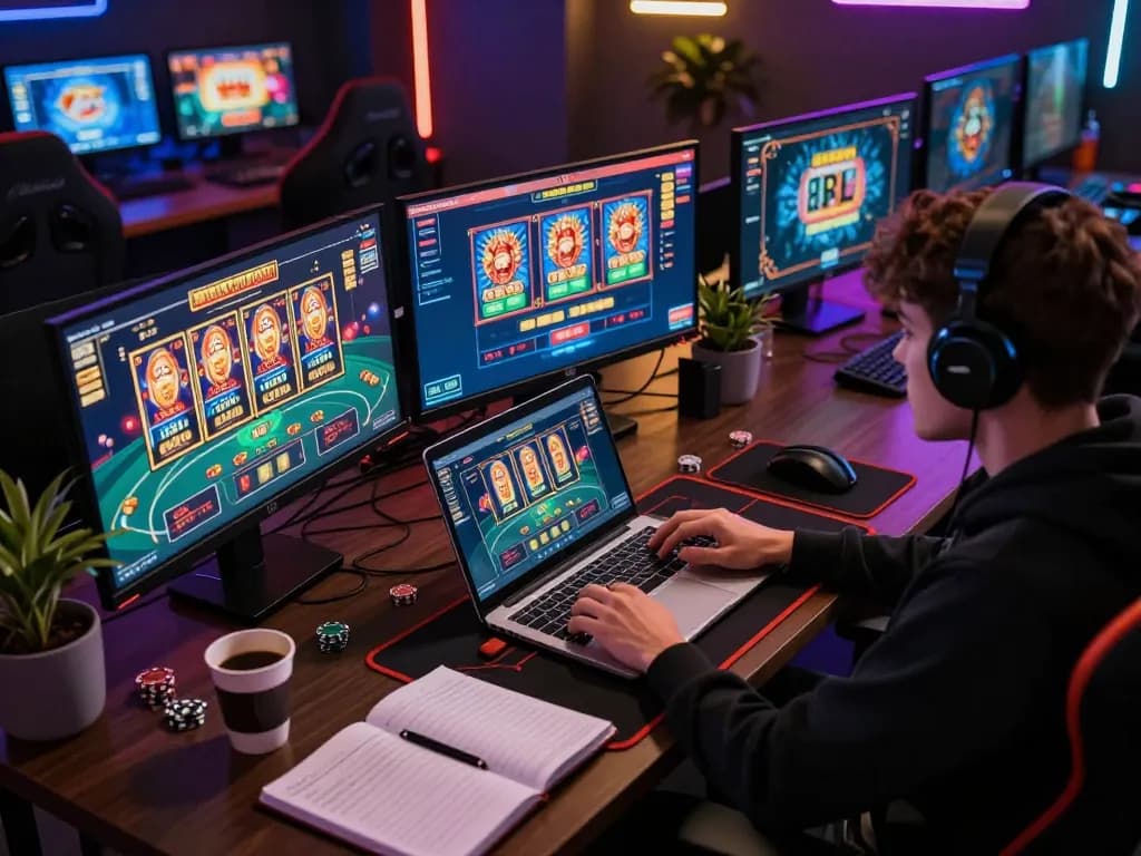 Engaged player using laptop for online gaming at home, focused on s666hn casino activities, strategic environment.