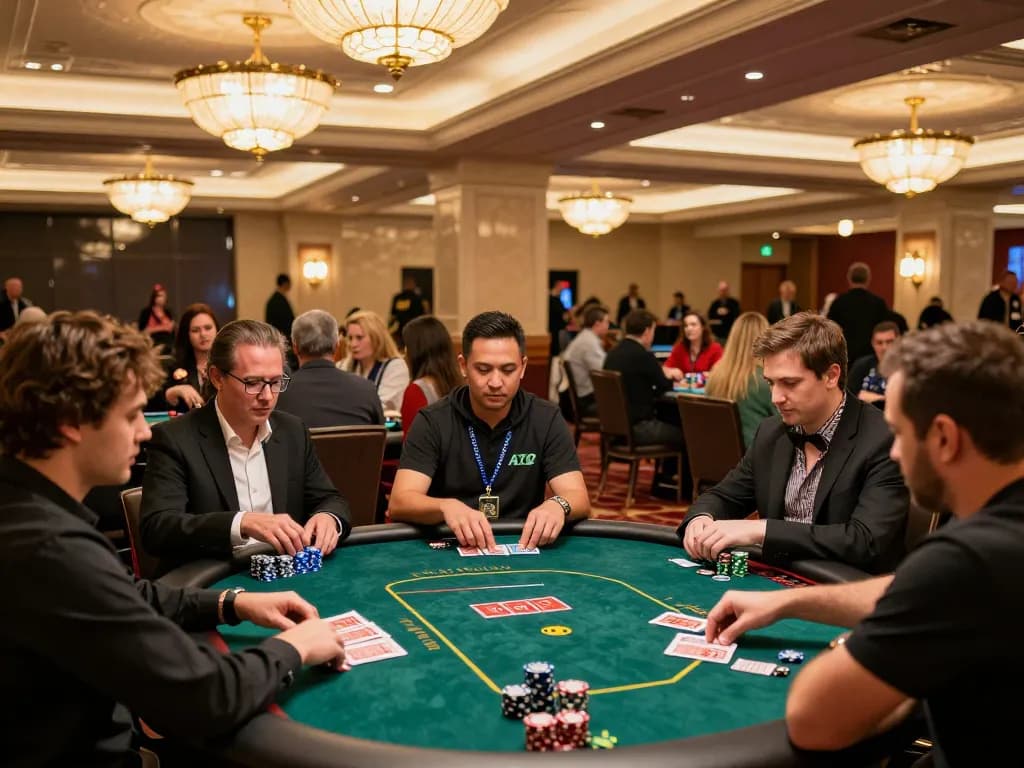 ATQ players engaging at poker tables in a lively casino environment with warm lighting.