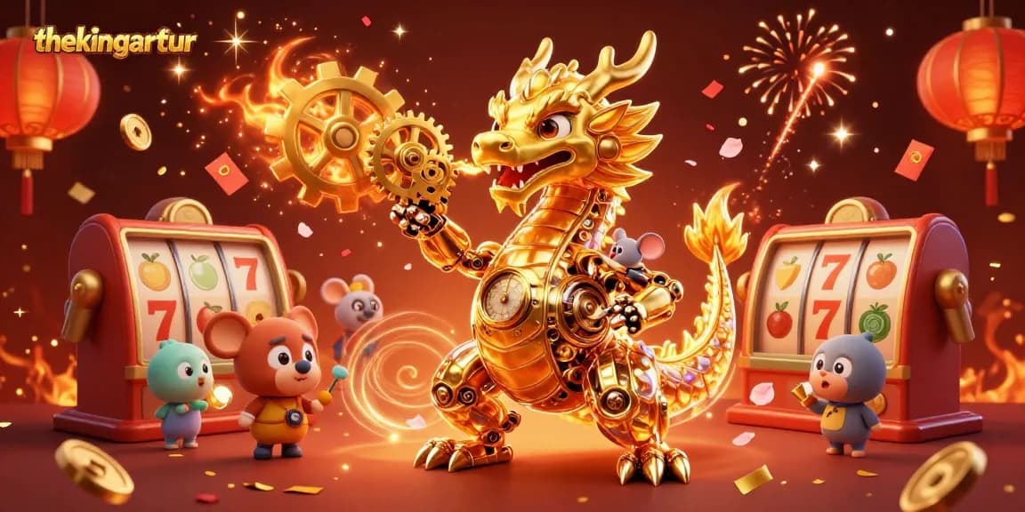 Thekingarthur showcases a vibrant slot gaming scene with a golden dragon and festive casino elements.