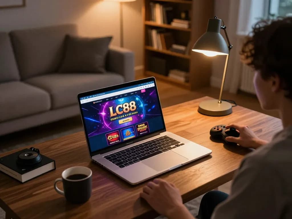Engaging online gaming scene showcasing LC88 casino on a modern laptop, surrounded by a cozy atmosphere.