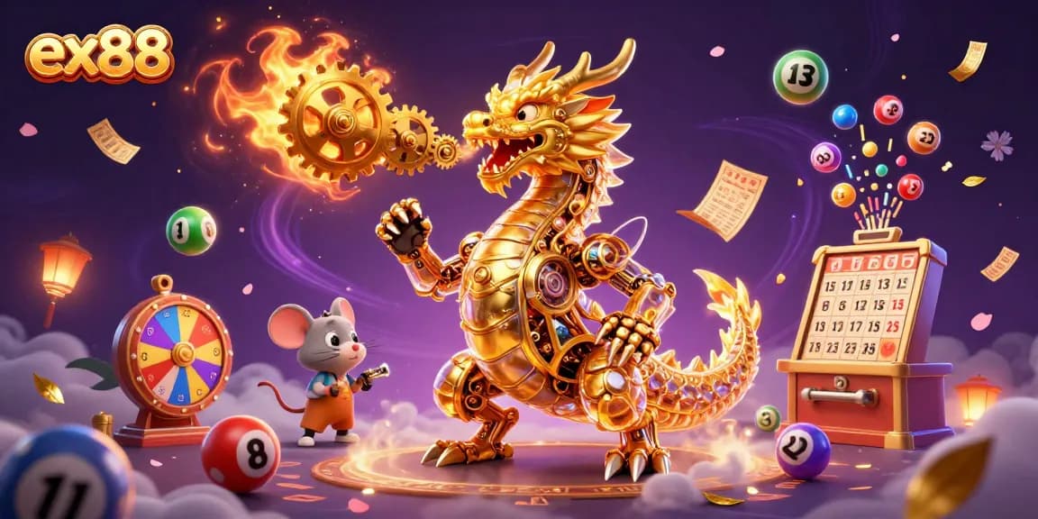 Experience the excitement of ex88 with vibrant lottery balls, a golden dragon, and thrilling prizes.