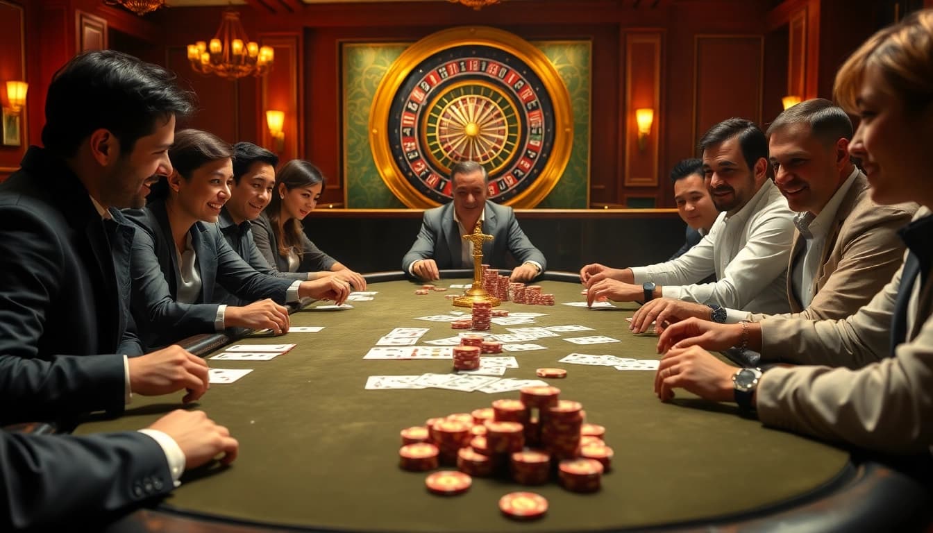 Experience the thrill of the 'trang chủ 33win' casino scene with focused players and vibrant poker chips.