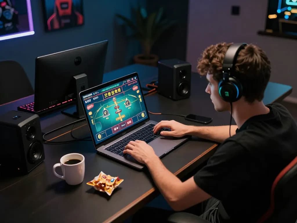 Engaged player exploring manclub online casino game on laptop at cozy home desk