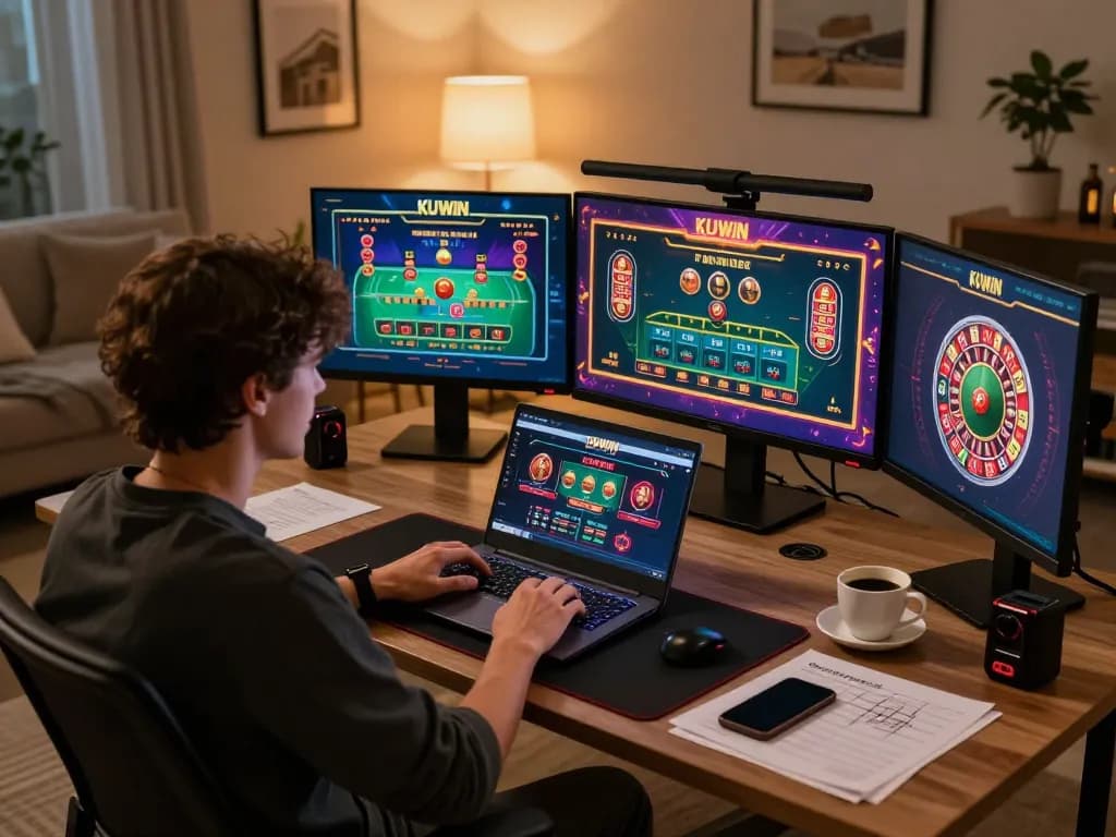 Engaging in KUWIN online casino gaming session with multiple screens showing different games in a cozy home office.
