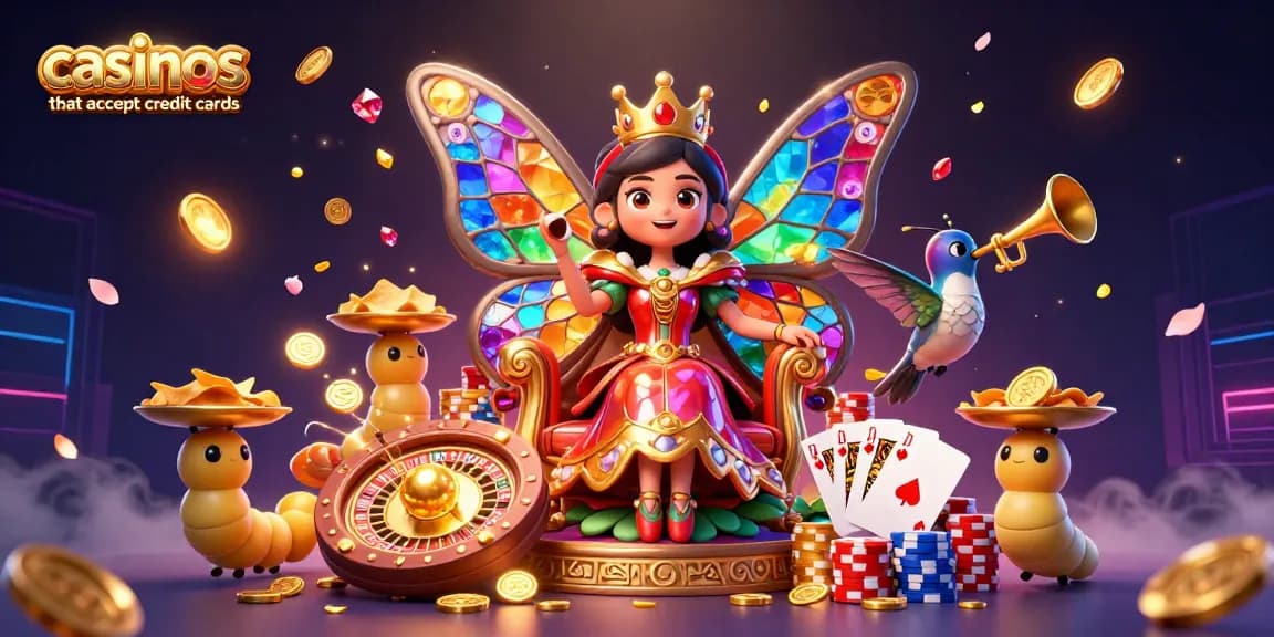 Experience casinos that accept credit cards with this vibrant scene featuring a butterfly queen, gold coins, and dynamic gameplay elements.