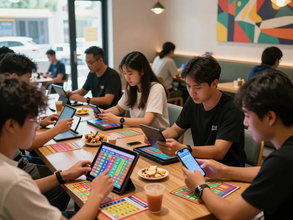 Engaging lô đề online betting scene with diverse players enjoying their experience in a modern gaming café.