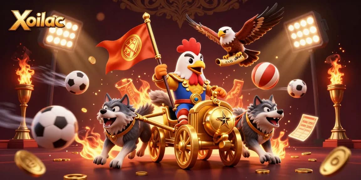 Xoilac showcases a thrilling scene with a rooster warlord commanding sports balls in an engaging battle landscape.