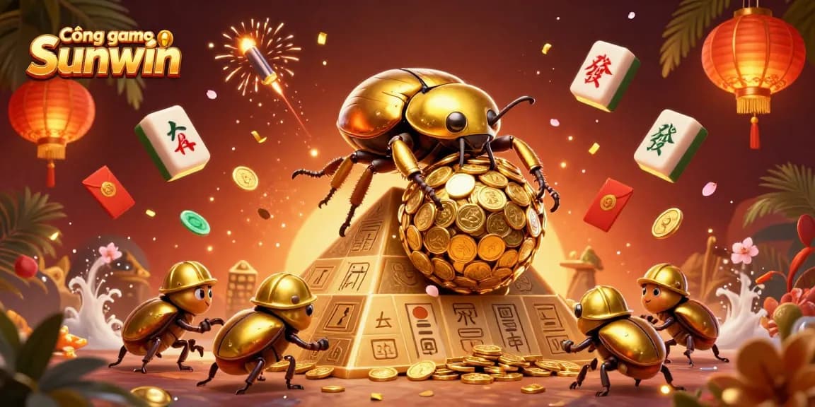 Cổng game Sunwin promotes exciting gameplay with vibrant, coin-filled 3D digital illustration.