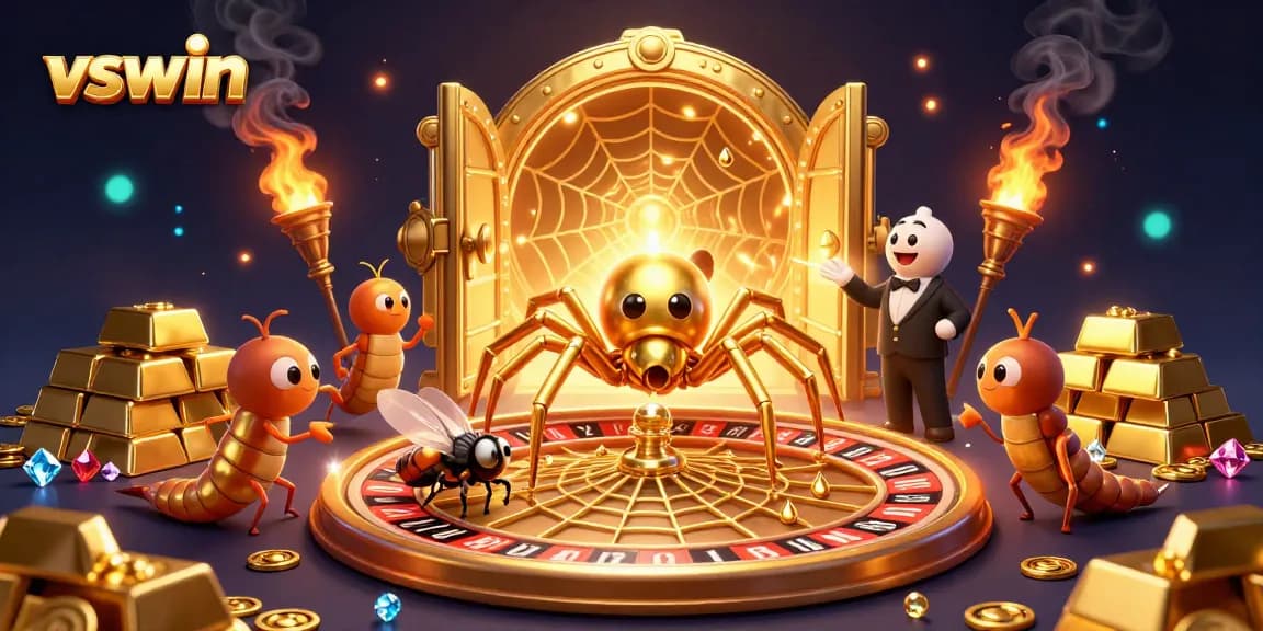 Engage in thrilling vswin gaming with a fly betting at a roulette wheel web spun by a golden spider.