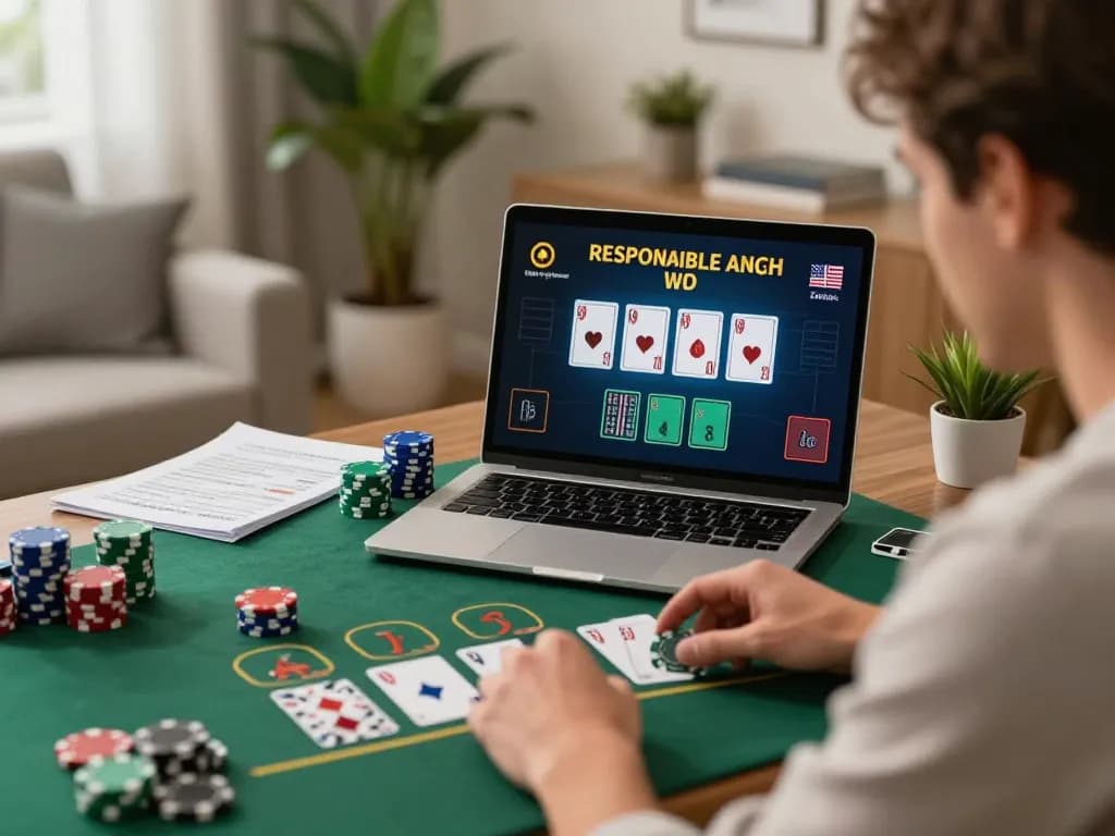 Play blackjack online with 32win, showcasing an engaging game session on a laptop in a cozy home setting.