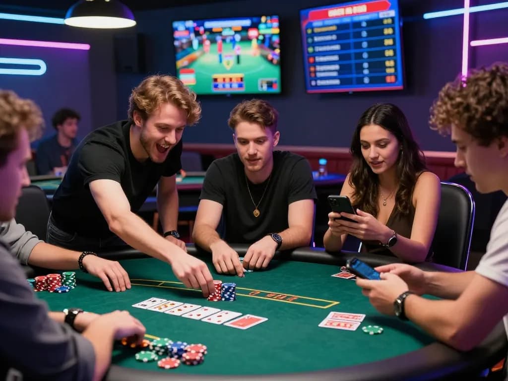 Friends enjoying a poker game experience on https://789p.gg/ in a vibrant casino-like setting.