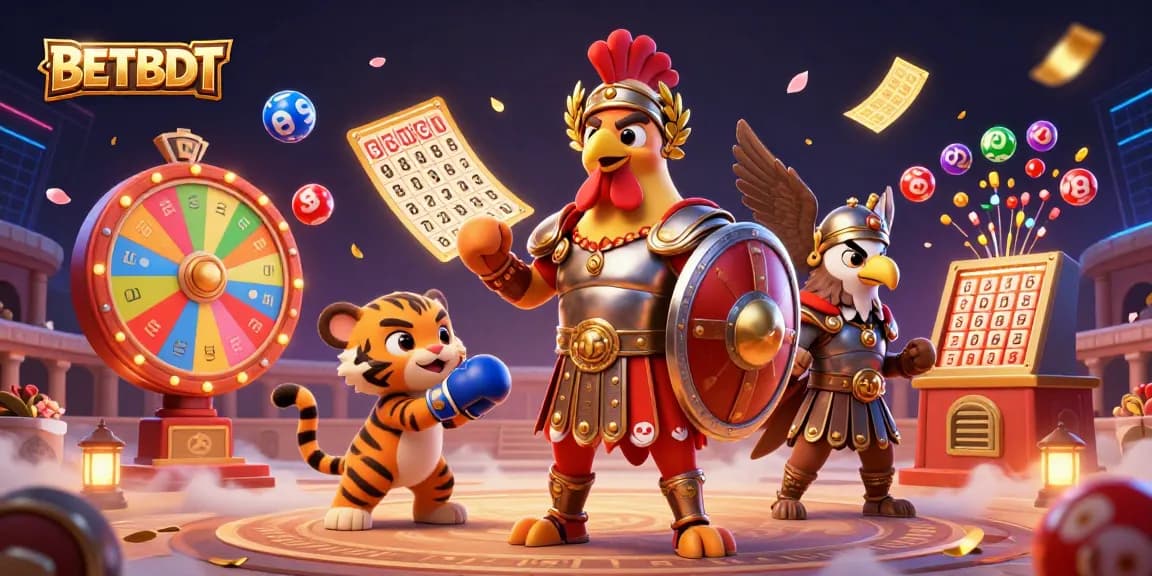 BETBDT engages bettors with a 3D illustration of a rooster gladiator amid vibrant casino game elements.