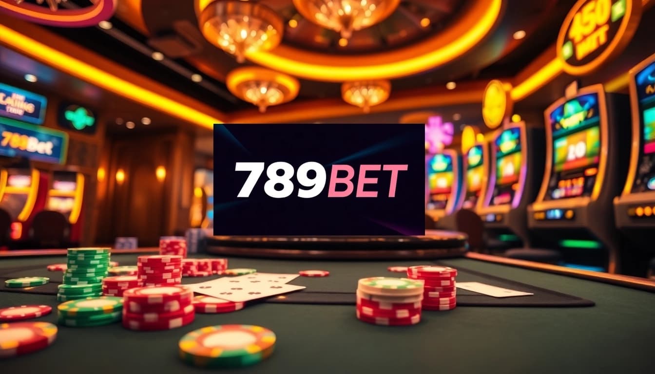 Experience the excitement of gambling at 789BET, featuring casino tables, colorful chips, and engaging slot machines.
