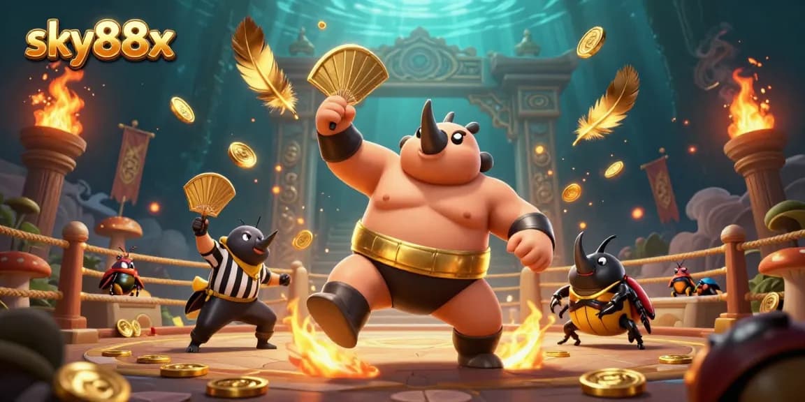 Experience thrilling gameplay with sky88x featuring a cartoon rhinoceros beetle champion amidst a dynamic gaming arena.