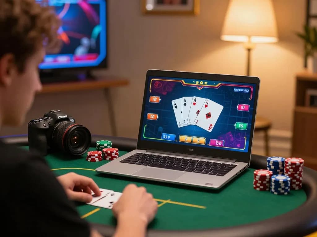 Player enjoying a thrilling poker game on rikvip platform at home, showcasing a cozy gaming atmosphere.