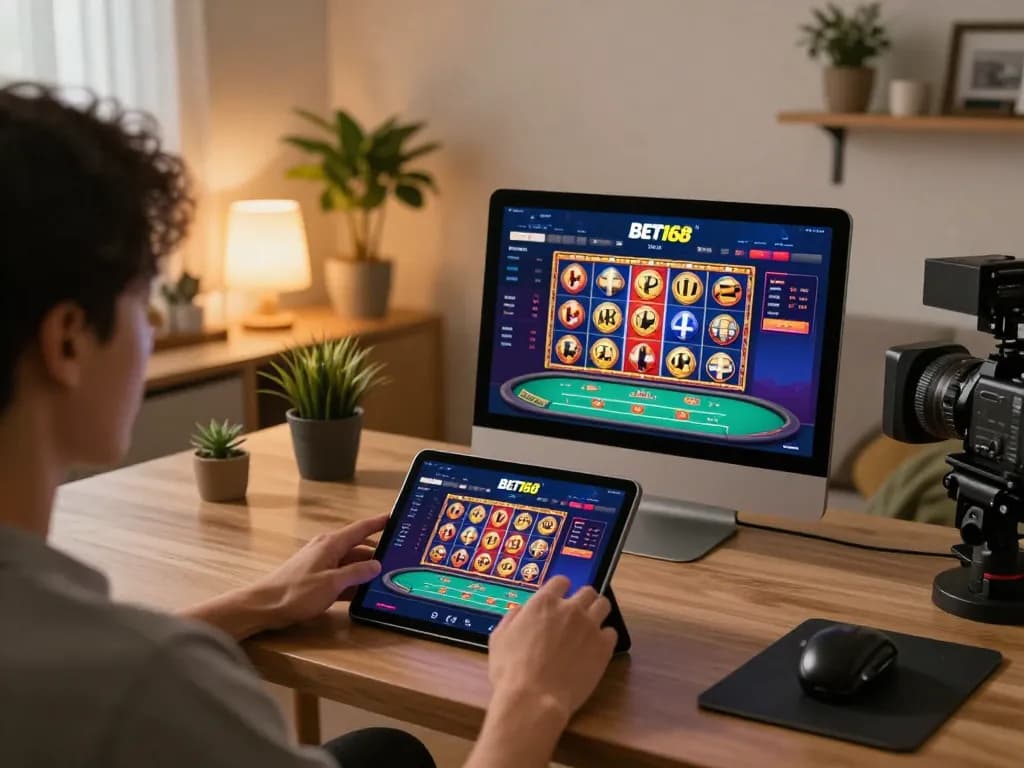 Engaging scene of a user playing casino games on BET168 mobile app in a cozy home setup