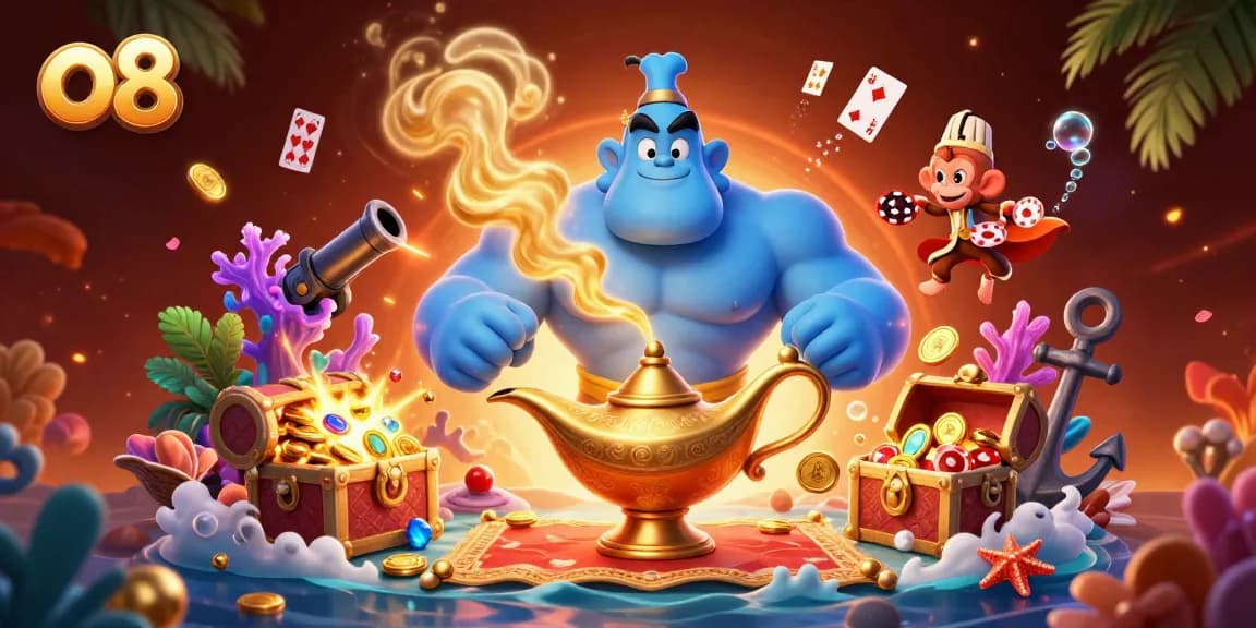Engage with exciting o8 slots and casino games, illustrated vivid 3D scene full of vibrant elements.