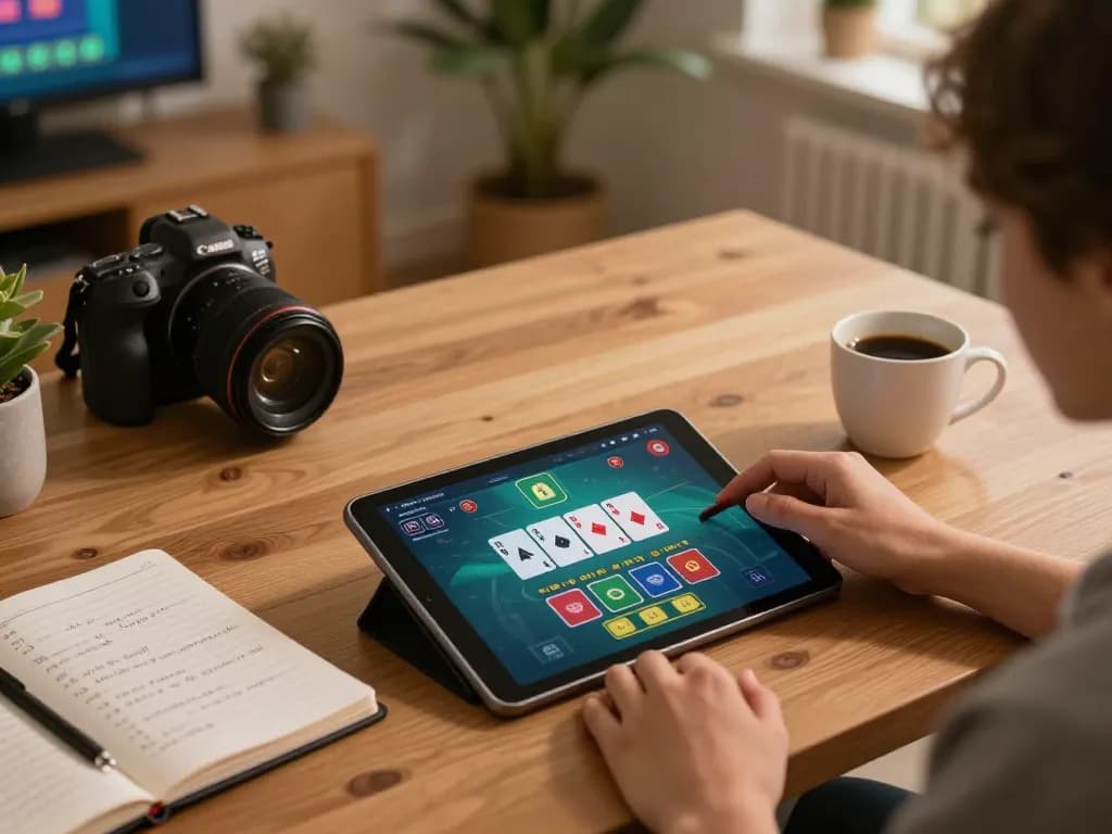 FLY88 player strategizing blackjack gameplay at home with tablet and notes.