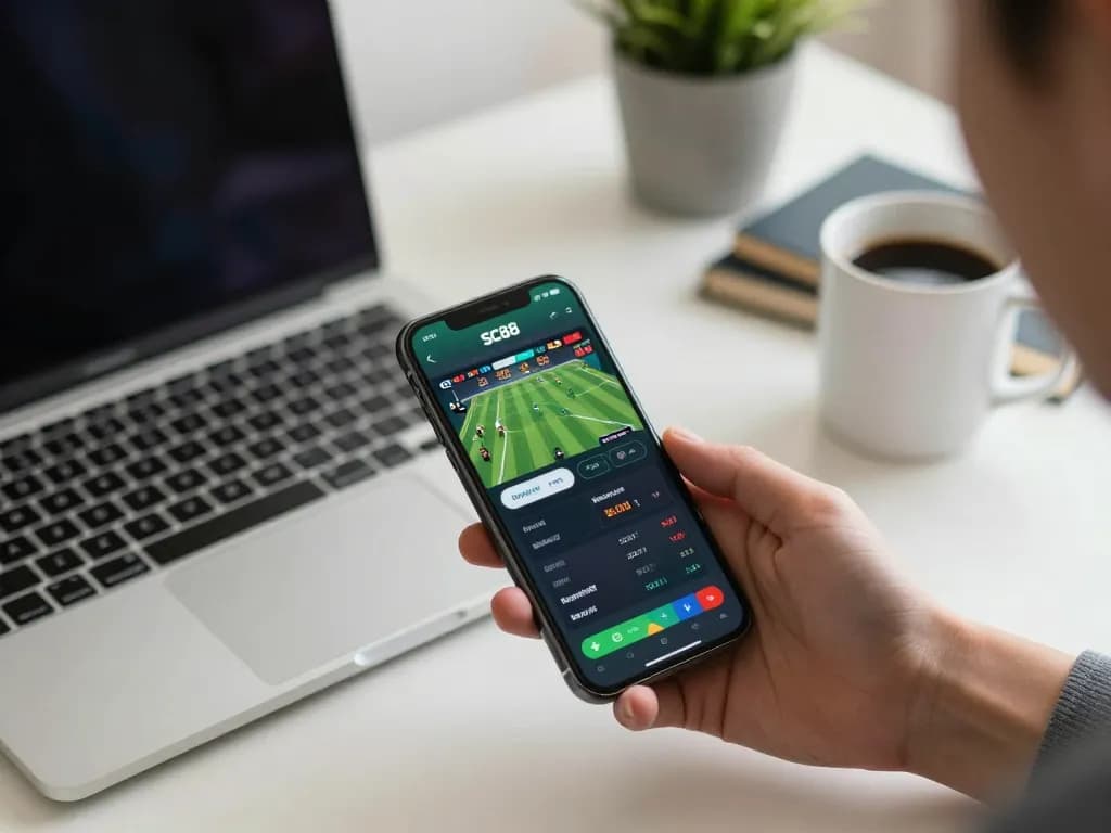 Engaged user placing bets on the SC88 mobile app, showcasing online gambling excitement.