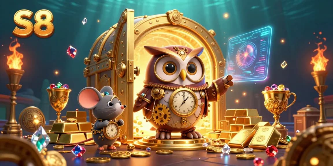 Engage with S8's thrilling casino experience featuring a time-traveler owl, treasure vaults, and vibrant gems.