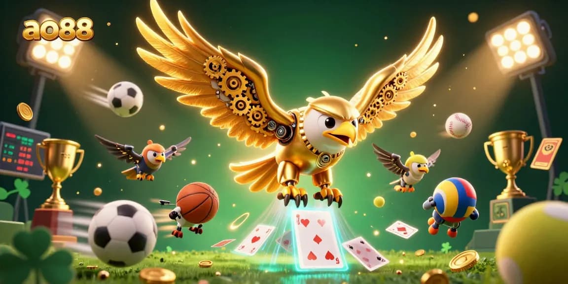 ao88 delivers thrilling betting experiences with a vibrant 3D illustration showcasing dynamic sports elements.