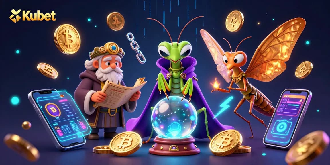 Kubet fortune teller and moth librarian unveiling online casino secrets with cryptocurrency elements.