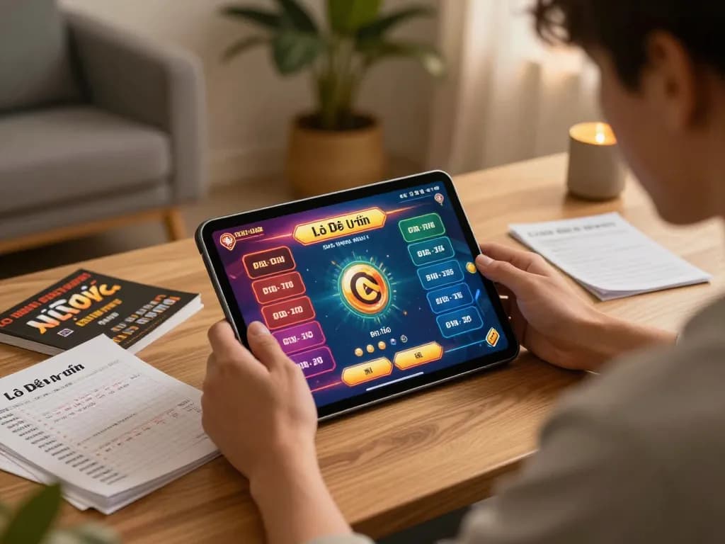 Lô Đề Uy Tín gameplay on a tablet in a cozy home setting with strategic notes.
