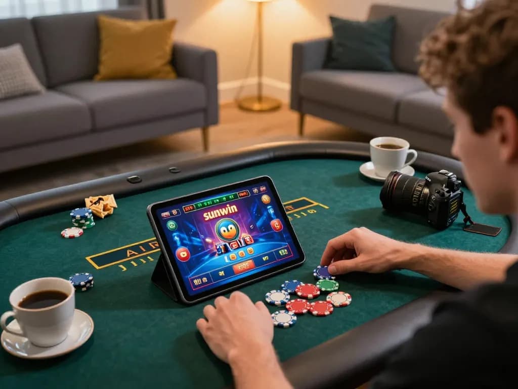 Engaging gameplay on sunwin casino app in a cozy home setting