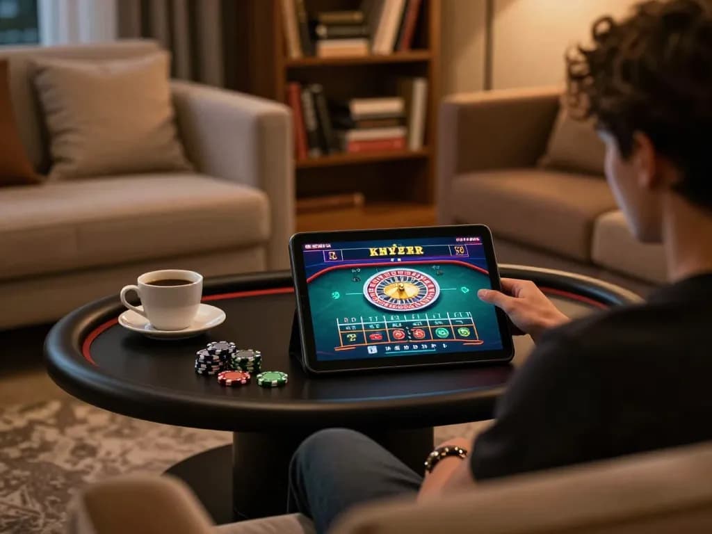 vu88 player enjoying an online roulette game on tablet in a cozy gaming setup