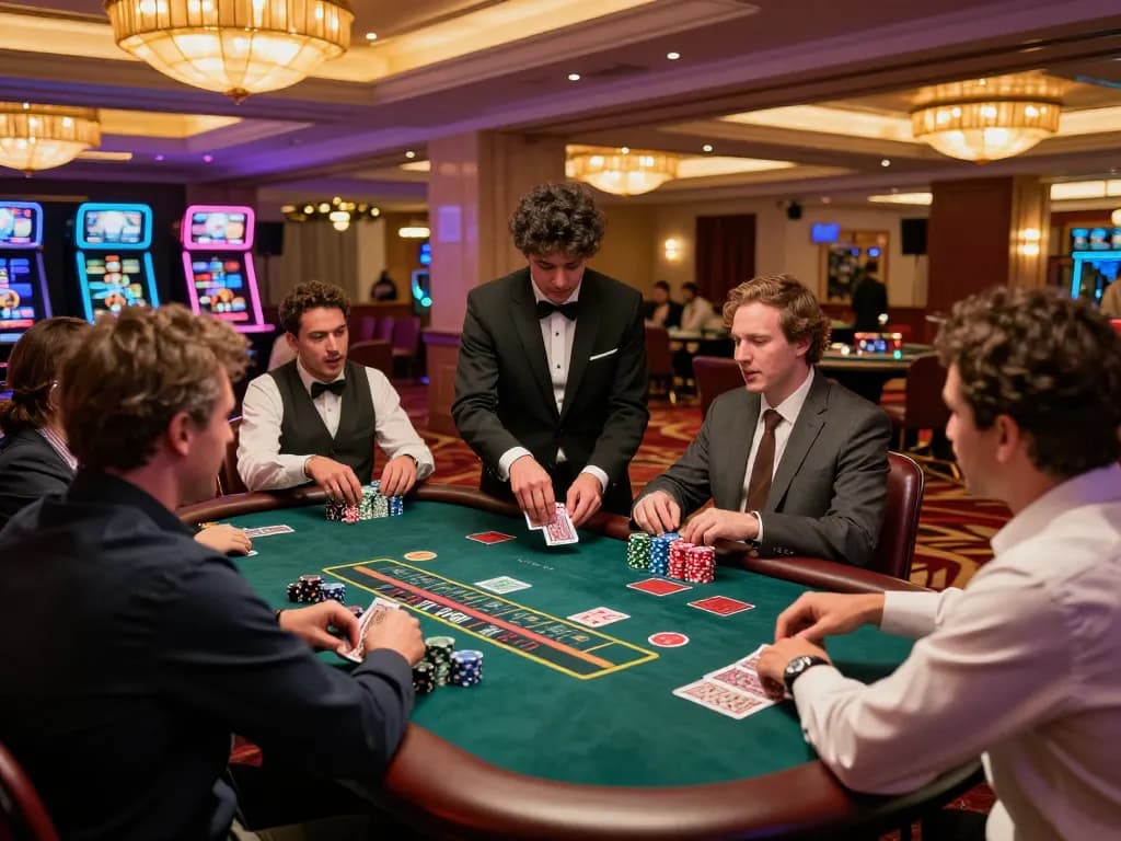 Players enjoying a thrilling game of blackjack at the F168 casino table, surrounded by vibrant decor and excitement.