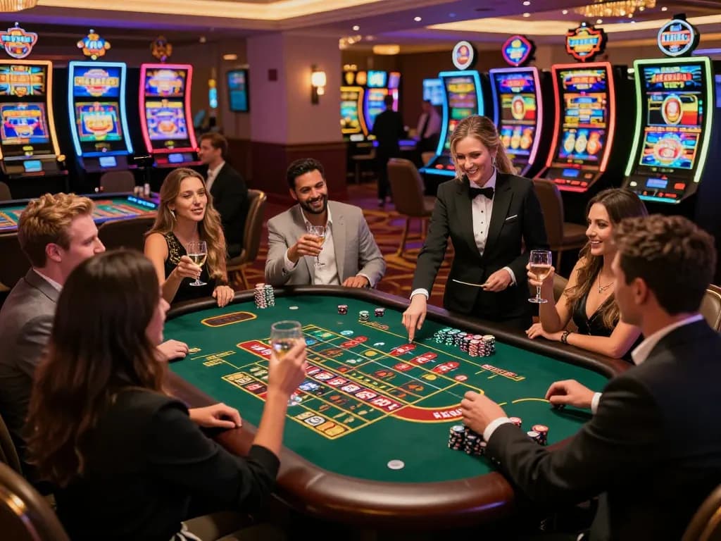 SC88 VIP players celebrating wins at a dynamic casino roulette table, showcasing excitement and luxury.