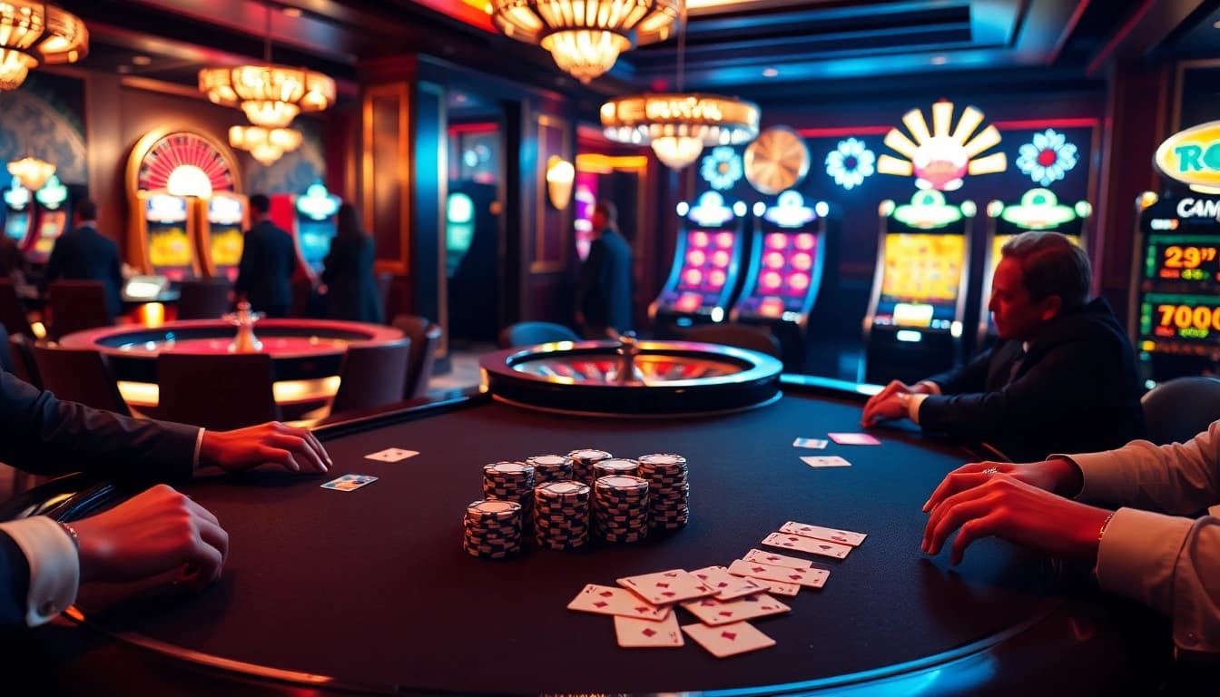 Players engaging in a high-stakes poker game at MM88 Casino, surrounded by slot machines and roulette wheels.