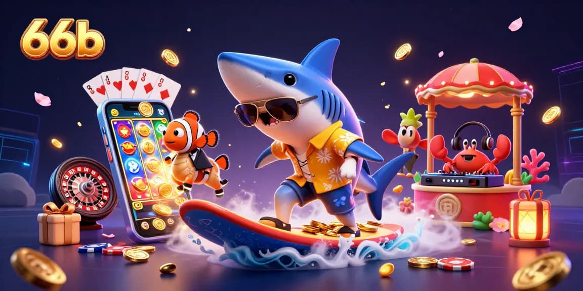 Surf on gold coins with the vibrant 66b shark and friends in an epic casino adventure.