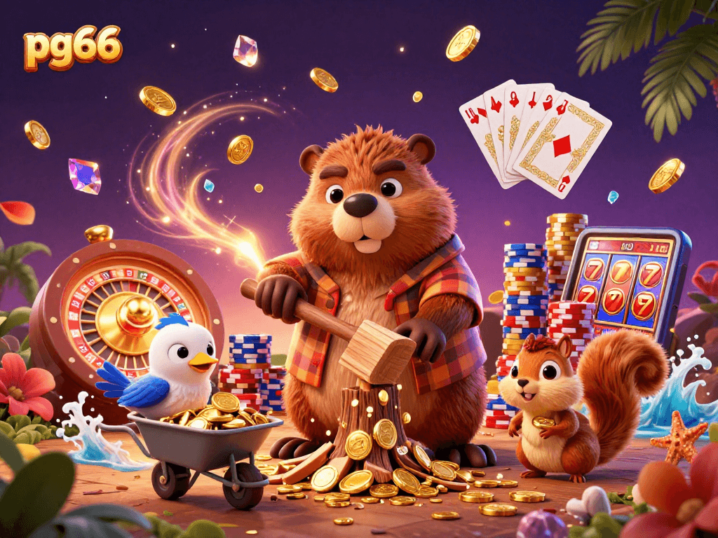 Experience winning moments at pg66 while a beaver collects treasures from a golden coin tree.
