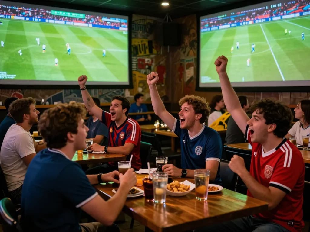 Fans eagerly tracking kết quả bóng đá while enjoying drinks and snacks at a lively sports bar atmosphere