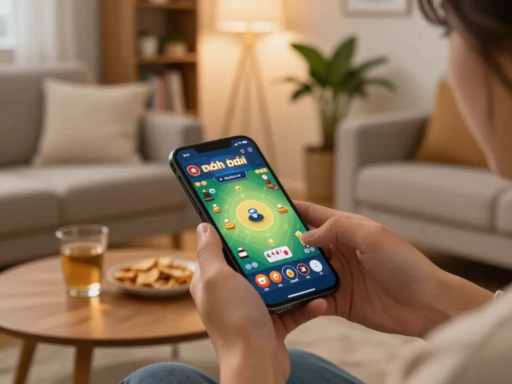 Engaging gameplay in a game đánh bài đổi thưởng app on a smartphone in a cozy living room.