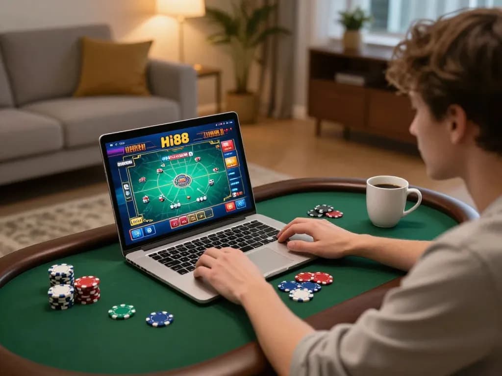 Player enjoying Hi88 online casino gaming with active game interface in cozy setting