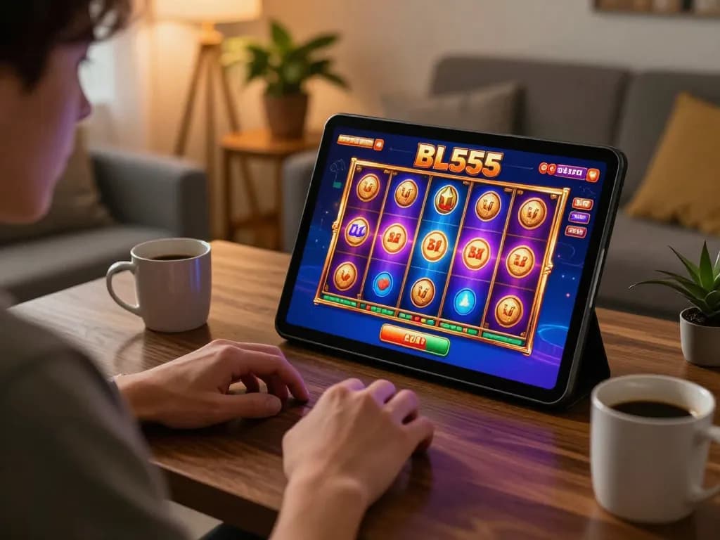 Player enjoying an exciting gaming session on BL555's mobile app from a cozy home environment.