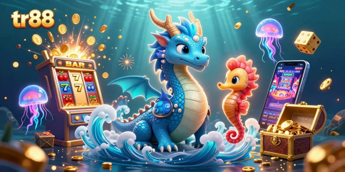 Experience thrilling action at TR88 with vibrant scenes of slot machines and fantasy characters.