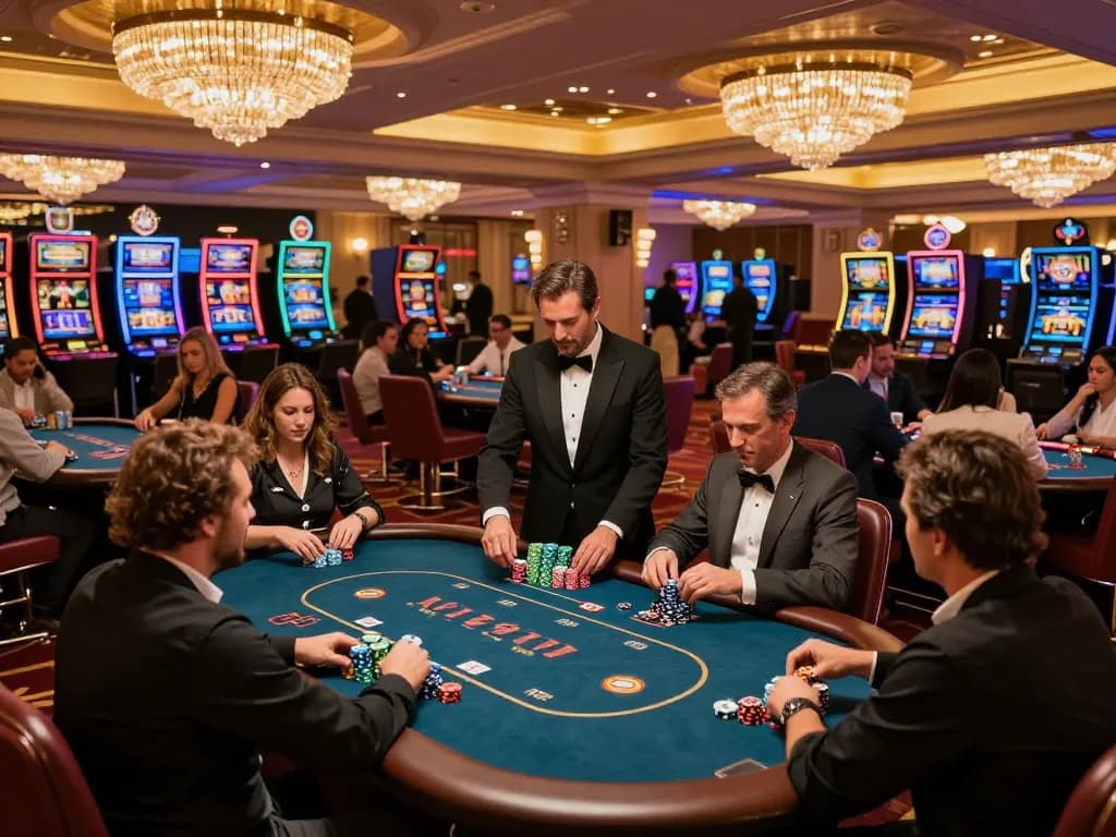 Players enjoying the vibrant casino atmosphere at 98win with poker tables and excitement in the air