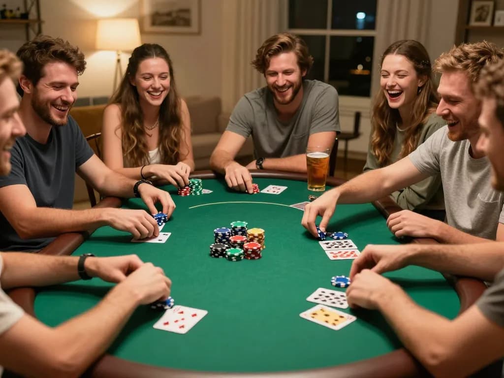 Players enjoying a thrilling poker night at home while using JUN88 strategy with chips and cards visible