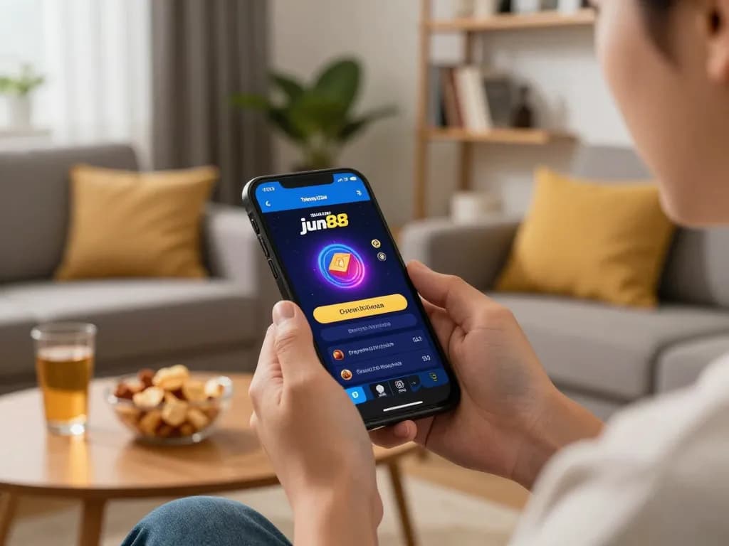 Person using the thương hiệu jun88 app on smartphone, enjoying mobile gambling in a cozy setting.