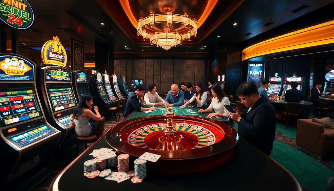 A dynamic scene illustrating Malaysia online gambling with players at various casino tables and vibrant slot machines.