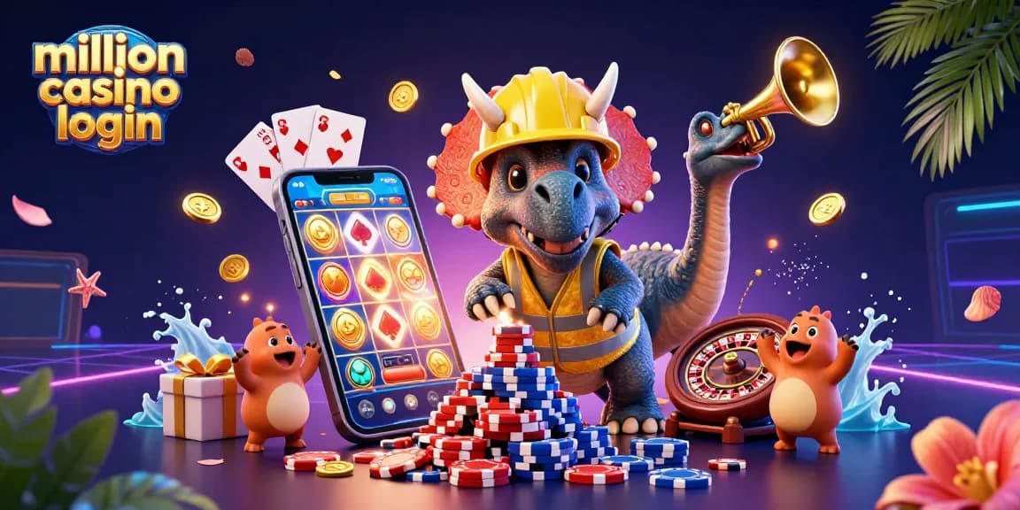 Join the excitement with million casino login as a triceratops builds poker chip pyramids amidst vibrant casino elements.