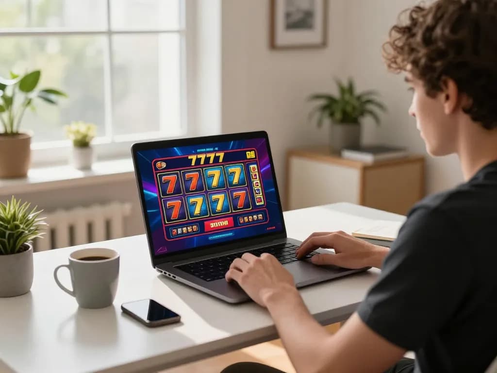 Engaged player spinning reels on slot777 in a cozy home gaming setup, showcasing online gambling excitement