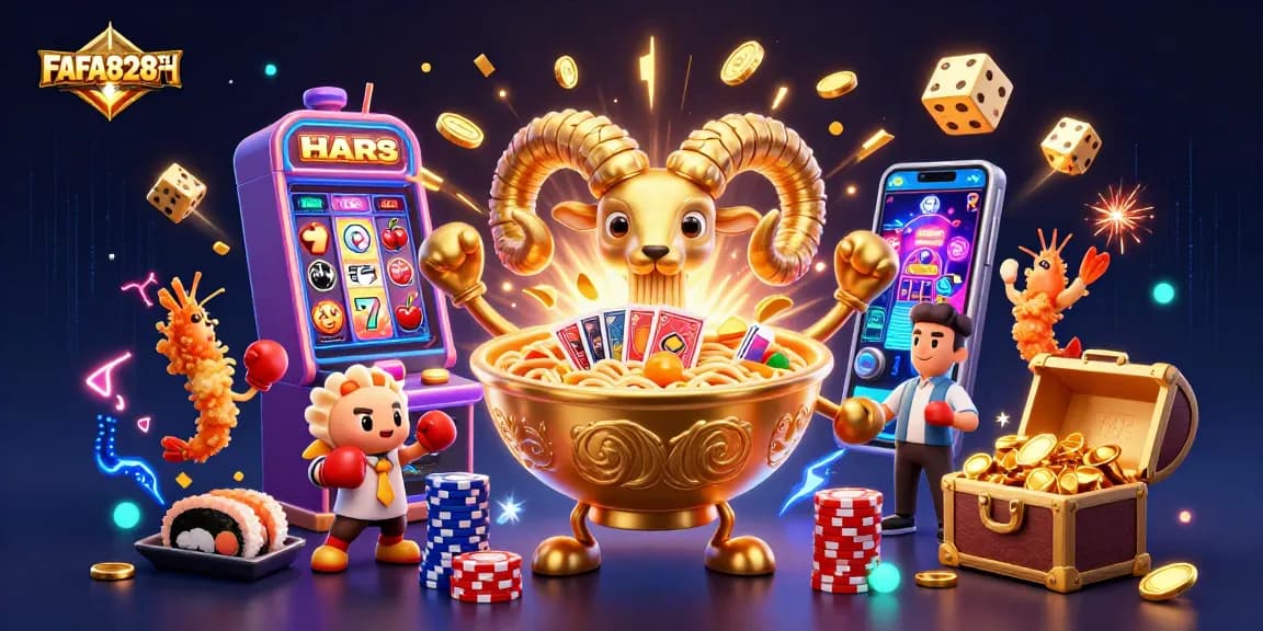 FAFA828TH shows a giant ramen bowl dealer with casino jackpots, vibrant 3D art bursting with energy.