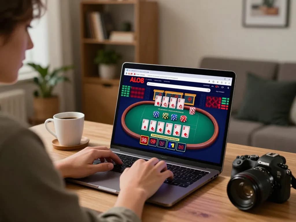Engaged player accessing ALO8 online casino gaming interface on laptop while sipping coffee.