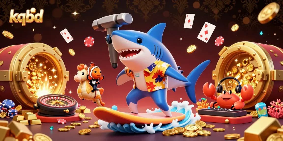 Experience dynamic kqbd action with a hammer-head shark, clownfish, and crab DJ amidst vibrant casino elements.